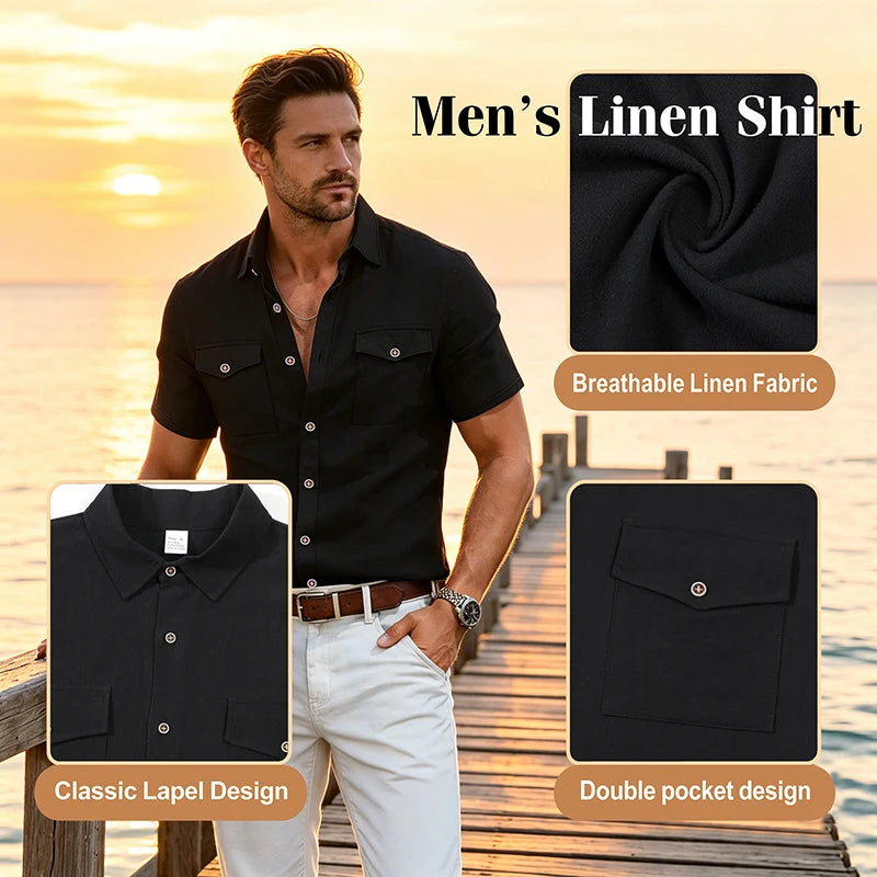 Camisa de Lino Manga Corta Casual